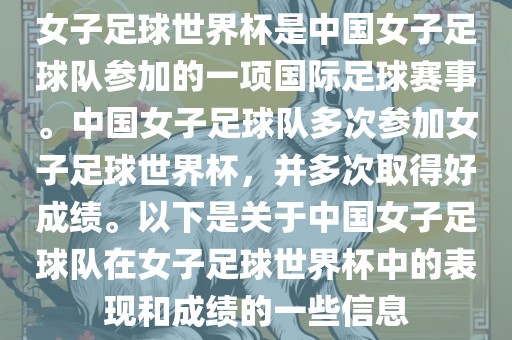 女子足球世界杯是中国女子足球队参加的一项国际足球赛事。中国女子足球队多次参加女子足球世界杯，并多次取得好成绩。以下是关于中国女子足球队在女子足球世界杯中的表现和成绩的一些信息