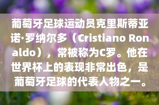 葡萄牙足球运动员克里斯蒂亚诺·罗纳尔多（Cristiano Ronaldo），常被称为C罗。他在世界杯上的表现非常出色，是葡萄牙足球的代表人物之一。