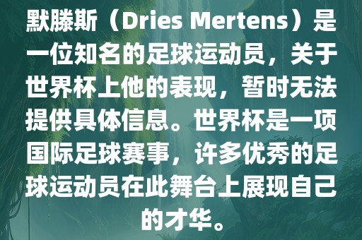 默滕斯（Dries Mertens）是一位知名的足球运动员，关于世界杯上他的表现，暂时无法提供具体信息。世界杯是一项国际足球赛事，许多优秀的足球运动员在此舞台上展现自己的才华。