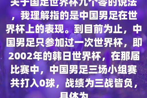 关于国足世界杯九个零的说法，我理解指的是中国男足在世界杯上的表现。到目前为止，中国男足只参加过一次世界杯，即2002年的韩日世界杯，在那届比赛中，中国男足三场小组赛共打入0球，战绩为三战皆负，具体为