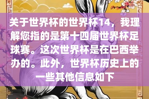 关于世界杯的世界杯14，我理解您指的是第十四届世界杯足球赛。这次世界杯是在巴西举办的。此外，世界杯历史上的一些其他信息如下
