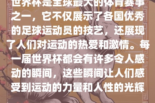 世界杯是全球最大的体育赛事之一，它不仅展示了各国优秀的足球运动员的技艺，还展现了人们对运动的热爱和激情。每一届世界杯都会有许多令人感动的瞬间，这些瞬间让人们感受到运动的力量和人性的光辉。