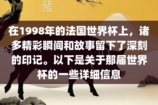 在1998年的法国世界杯上，诸多精彩瞬间和故事留下了深刻的印记。以下是关于那届世界杯的一些详细信息
