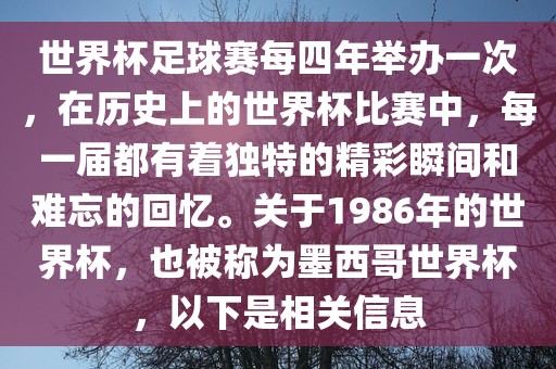 世界杯足球赛每四年举办一次，在历史上的世界杯比赛中，每一届都有着独特的精彩瞬间和难忘的回忆。关于1986年的世界杯，也被称为墨西哥世界杯，以下是相关信息