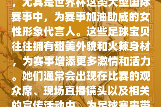足球宝贝指的是在足球赛事中，尤其是世界杯这类大型国际赛事中，为赛事加油助威的女性形象代言人。这些足球宝贝往往拥有甜美外貌和火辣身材，为赛事增添更多激情和活力。她们通常会出现在比赛的观众席、现场直播镜头以及相关的宣传活动中，为足球赛事带来了更多的关注度和话题性。