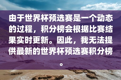 由于世界杯预选赛是一个动态的过程，积分榜会根据比赛结果实时更新。因此，我无法提供最新的世界杯预选赛积分榜。