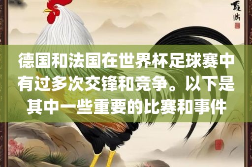 德国和法国在世界杯足球赛中有过多次交锋和竞争。以下是其中一些重要的比赛和事件