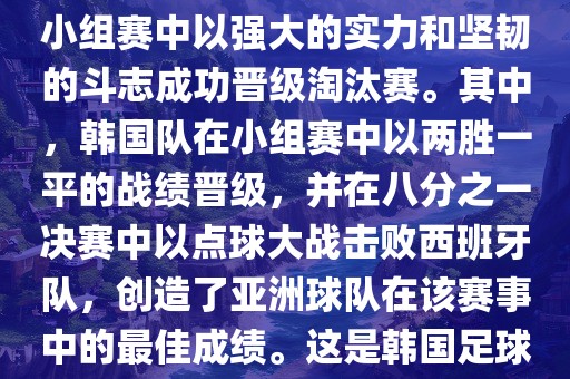 关于韩国在2002年世界杯足球赛的表现，可以说是非常出色的。他们作为东道主之一，在小组赛中以强大的实力和坚韧的斗志成功晋级淘汰赛。其中，韩国队在小组赛中以两胜一平的战绩晋级，并在八分之一决赛中以点球大战击败西班牙队，创造了亚洲球队在该赛事中的最佳成绩。这是韩国足球历史上的一次里程碑事件，也是亚洲足球走向世界的里程碑事件之一。