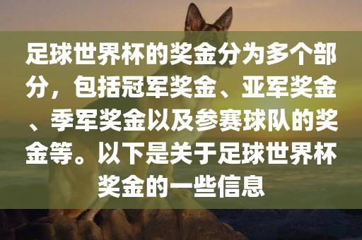 足球世界杯的奖金分为多个部分，包括冠军奖金、亚军奖金、季军奖金以及参赛球队的奖金等。以下是关于足球世界杯奖金的一些信息