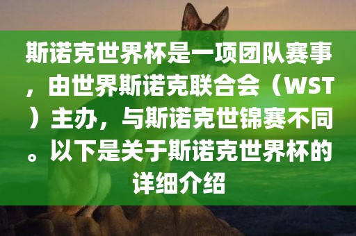 斯诺克世界杯是一项团队赛事，由世界斯诺克联合会（WST）主办，与斯诺克世锦赛不同。以下是关于斯诺克世界杯的详细介绍