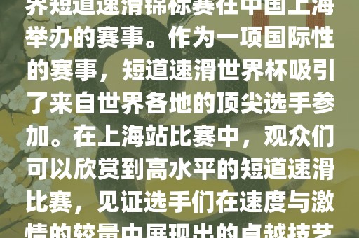 短道速滑世界杯上海站是指世界短道速滑锦标赛在中国上海举办的赛事。作为一项国际性的赛事，短道速滑世界杯吸引了来自世界各地的顶尖选手参加。在上海站比赛中，观众们可以欣赏到高水平的短道速滑比赛，见证选手们在速度与激情的较量中展现出的卓越技艺和竞技精神。