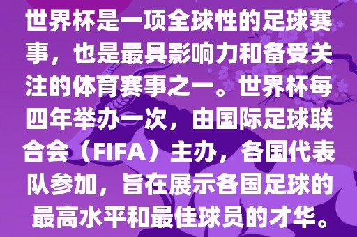 世界杯是一项全球性的足球赛事，也是最具影响力和备受关注的体育赛事之一。世界杯每四年举办一次，由国际足球联合会（FIFA）主办，各国代表队参加，旨在展示各国足球的最高水平和最佳球员的才华。