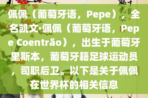 佩佩（葡萄牙语，Pepe），全名凯文·佩佩（葡萄牙语，Pepe Coentr?o），出生于葡萄牙里斯本，葡萄牙籍足球运动员，司职后卫。以下是关于佩佩在世界杯的相关信息