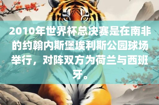 2010年世界杯总决赛是在南非的约翰内斯堡埃利斯公园球场举行，对阵双方为荷兰与西班牙。眉山市正发家政服务有限公司