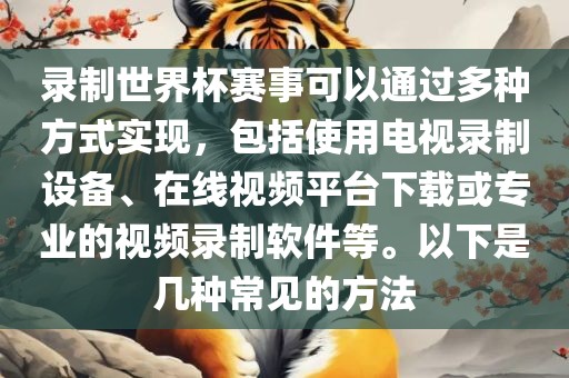 录制世界杯赛事可以通过多种方式实现，包括使用电视录制设备、在线视频平台下载或专业的视频录制软件等。以下是几种常见的方法