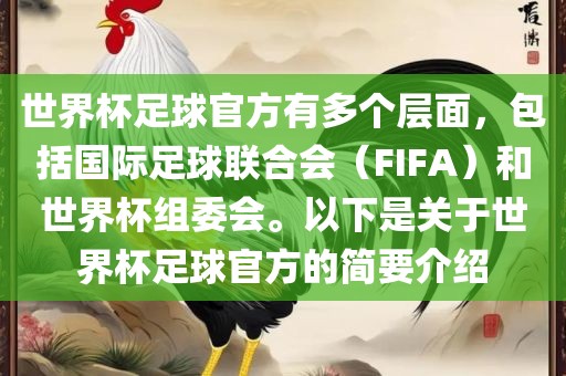 世界杯足球官方有多个层面，包括国际足球联合会（FIFA）和世界杯组委会。以下是关于世界杯足球官方的简要介绍