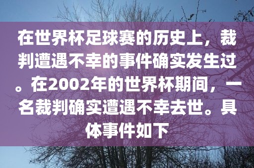 在世界杯足球赛的历史上，裁判遭遇不幸的事件确实发生过。在2002年的世界杯期间，一名裁判确实遭遇不幸去世。具体事件如下