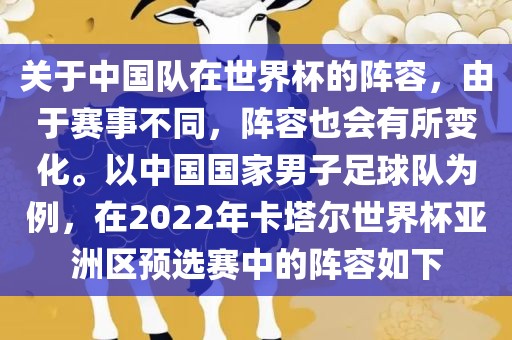 关于中国队在世界杯的阵容，由于赛事不同，阵容也会有所变化。以中国国家男子足球队为例，在2022年卡塔尔世界杯亚洲区预选赛中的阵容如下