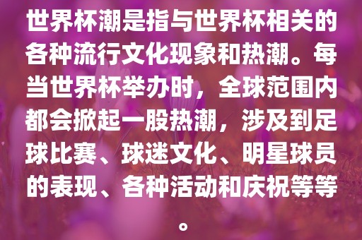 世界杯潮是指与世界杯相关的各种流行文化现象和热潮。每当世界杯举办时，全球范围内都会掀起一股热潮，涉及到足球比赛、球迷文化、明星球员的表现、各种活动和庆祝等等。