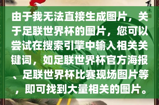 由于我无法直接生成图片，关于足联世界杯的图片，您可以尝试在搜索引擎中输入相关关键词，如足联世界杯官方海报、足联世界杯比赛现场图片等，即可找到大量相关的图片。