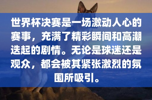 世界杯决赛是一场激动人心的赛事，充满了精彩瞬间和高潮迭起的剧情。无论是球迷还是观众，都会被其紧张激烈的氛围所吸引。