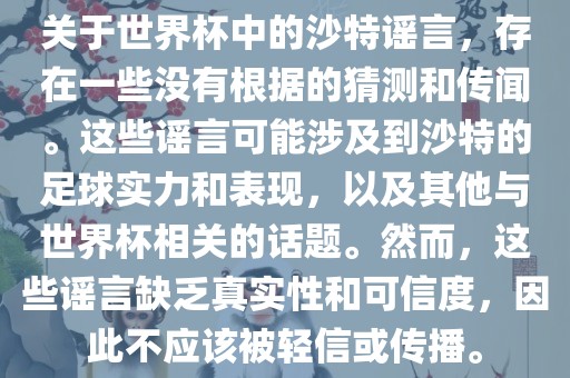关于世界杯中的沙特谣言，存在一些没有根据的猜测和传闻。这些谣言可能涉及到沙特的足球实力和表现，以及其他与世界杯相关的话题。然而，这些谣言缺乏真实性和可信度，因此不应该被轻信或传播。